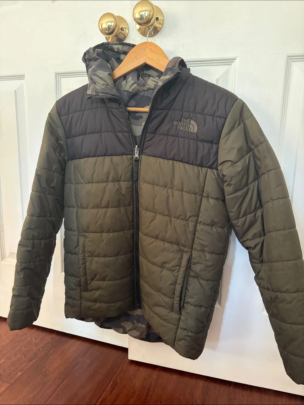 The North Face Boy’s Olive and Black Quilted Puffer Jacket with Hood